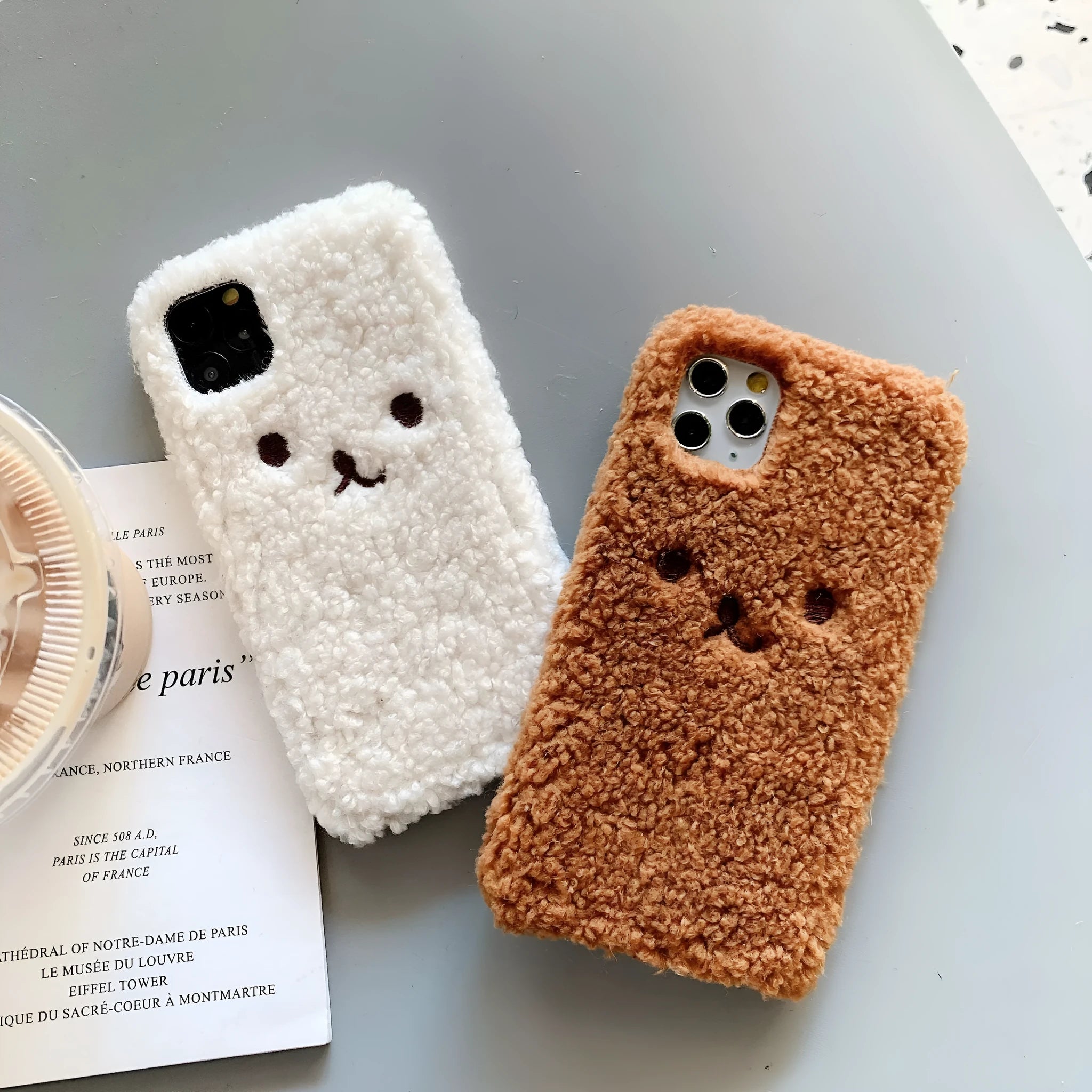 Brown embroidery plush cartoon bear face design on a TPU iPhone phone case