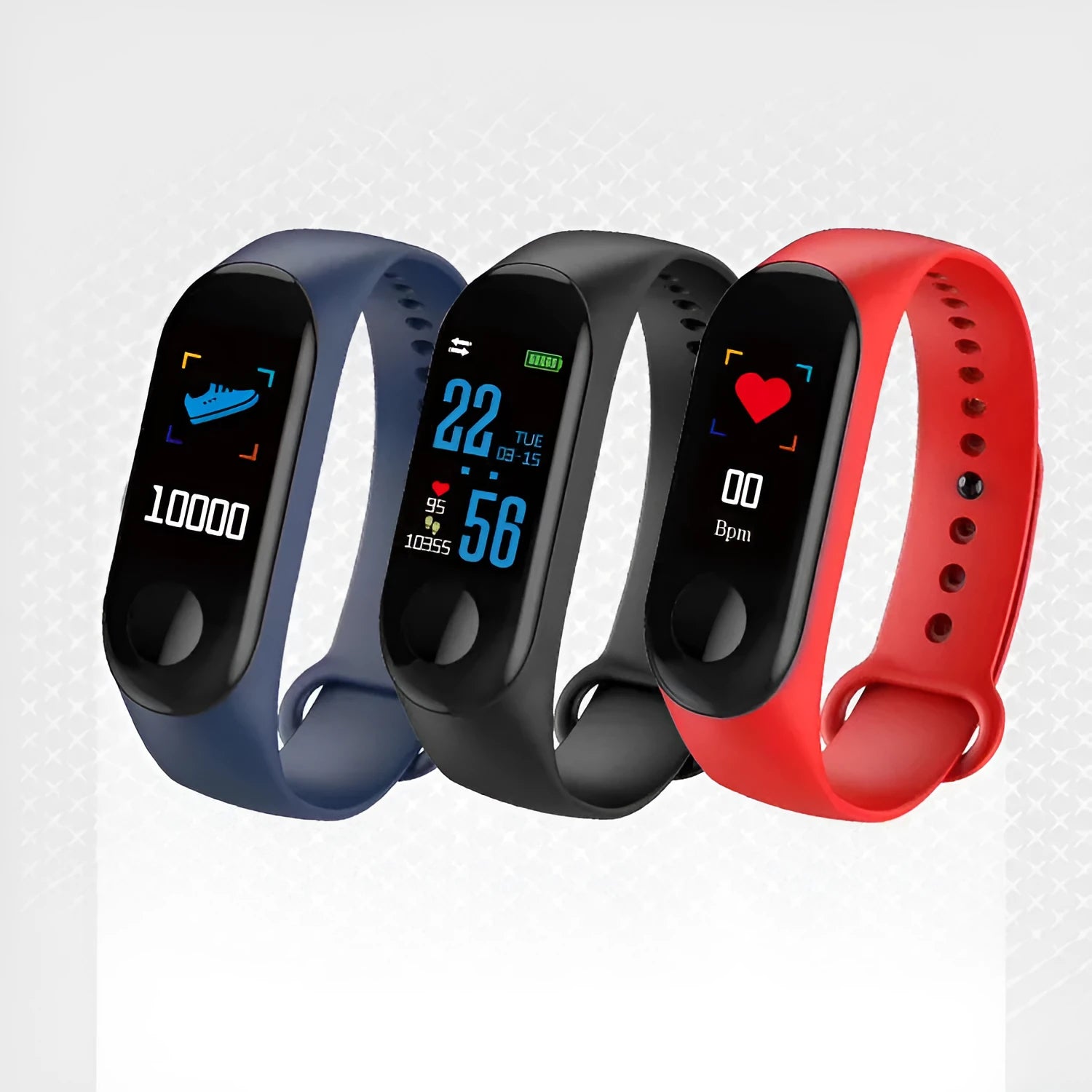 M3 smart bracelet with colour screen showing fitness stats, on a wrist with a black TPE strap.