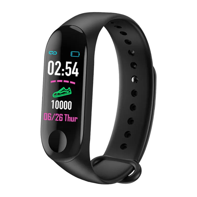 M3 smart bracelet with colour screen showing fitness stats, on a wrist with a black TPE strap.
