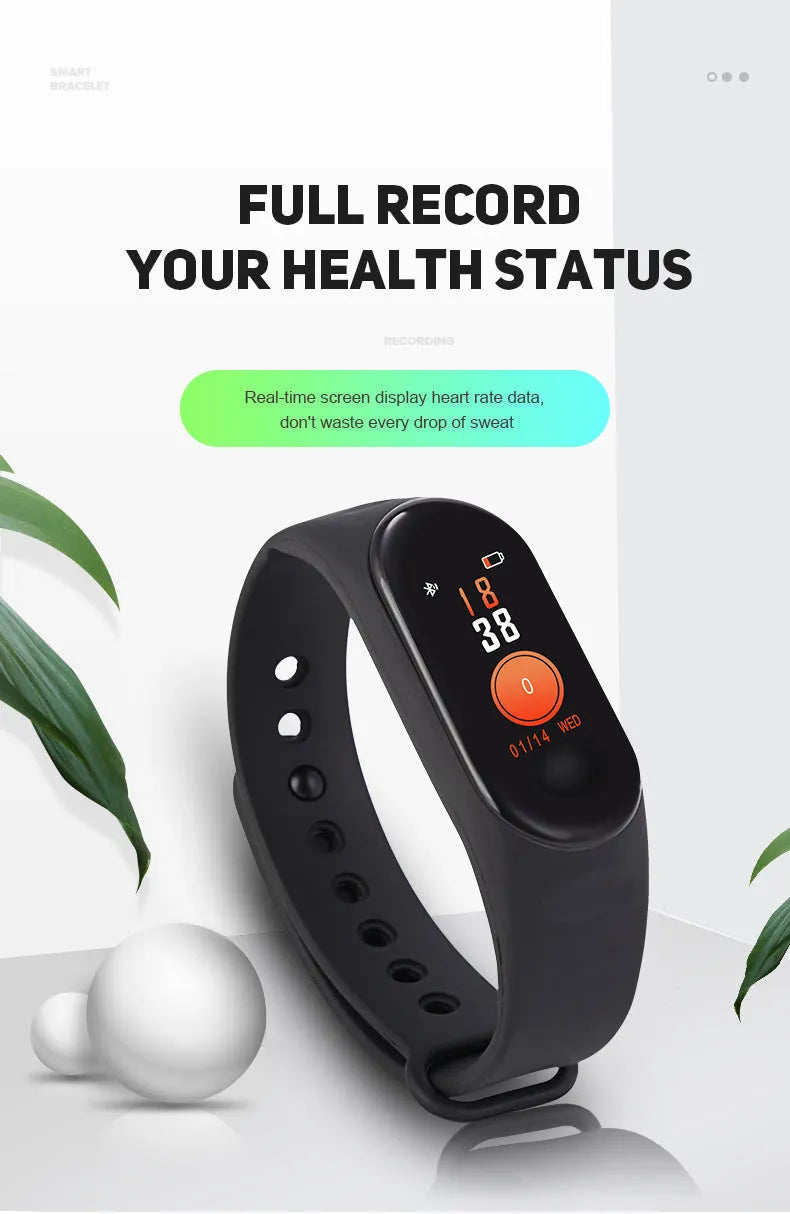 M3 smart bracelet with colour screen showing fitness stats, on a wrist with a black TPE strap.