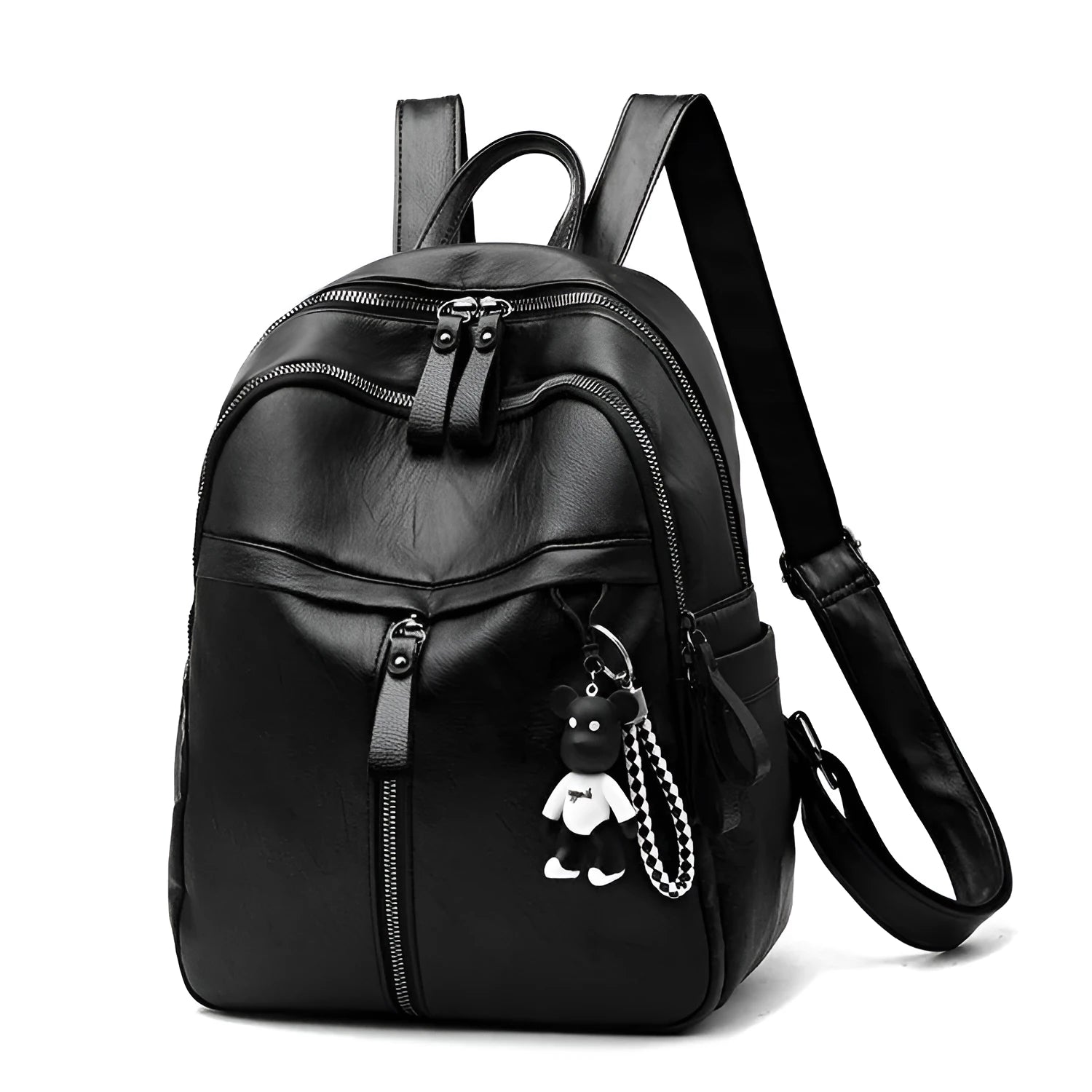 Black soft surface PU leather backpack showing medium size with shoulder straps and luggage strap attachment