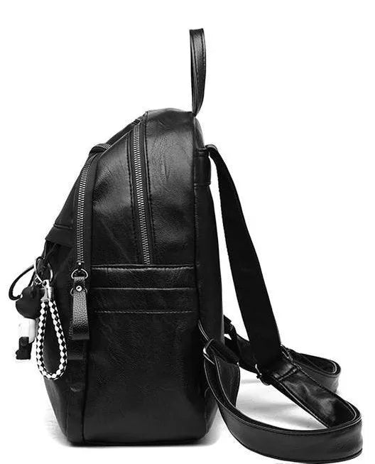 Black soft surface PU leather backpack showing medium size with shoulder straps and luggage strap attachment