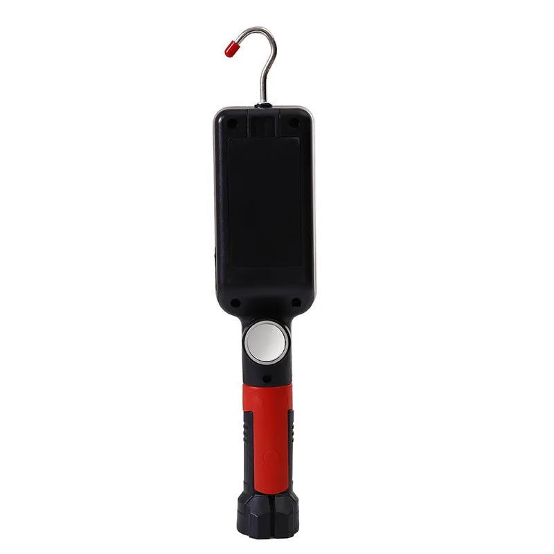 Red COB rechargeable flashlight with magnetic hook showing dimensions and USB charging port