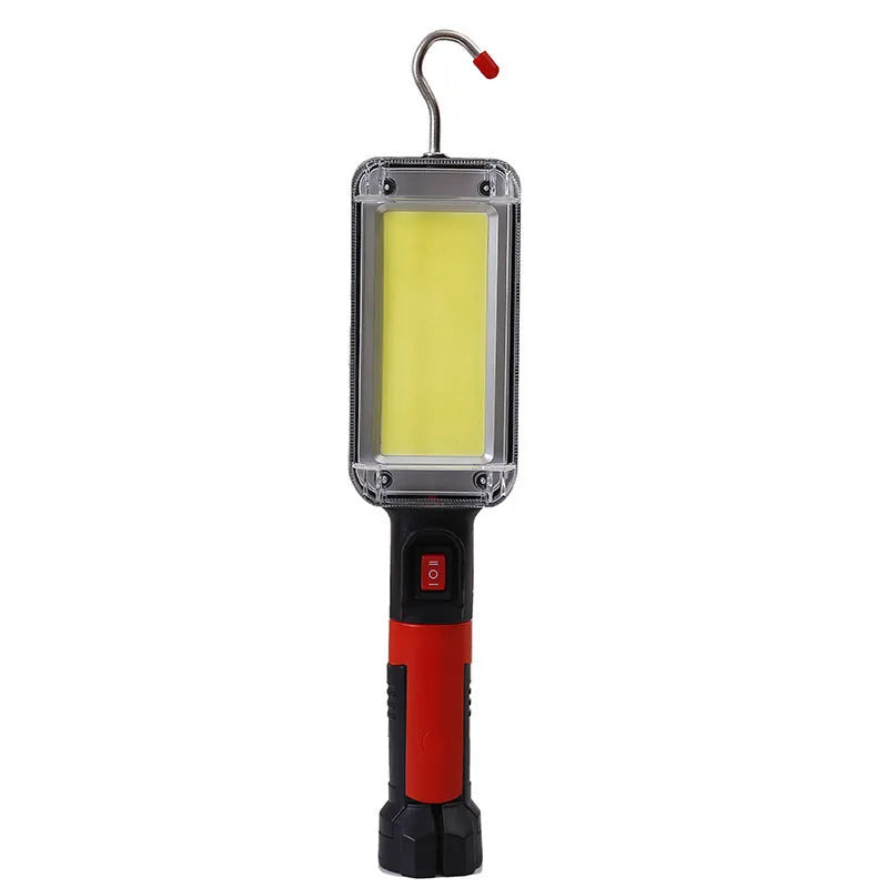 Red COB rechargeable flashlight with magnetic hook showing dimensions and USB charging port