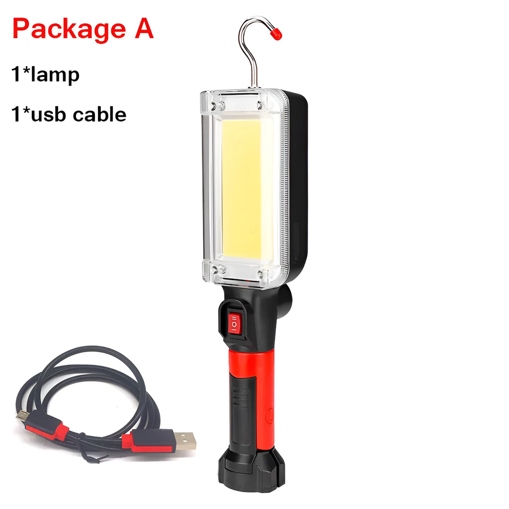 Red COB rechargeable flashlight with magnetic hook showing dimensions and USB charging port