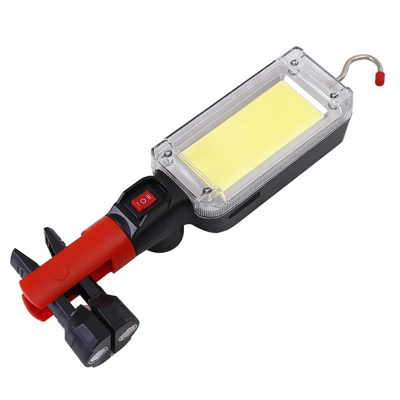 Red COB rechargeable flashlight with magnetic hook showing dimensions and USB charging port