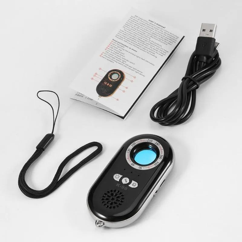 Compact black wireless signal detector with vibration alarm for hidden camera detection and anti-theft security