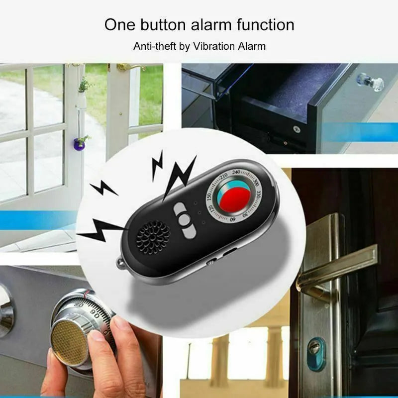 Compact black wireless signal detector with vibration alarm for hidden camera detection and anti-theft security