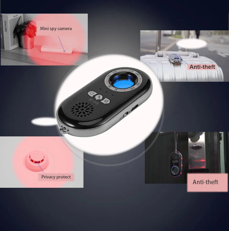 Compact black wireless signal detector with vibration alarm for hidden camera detection and anti-theft security