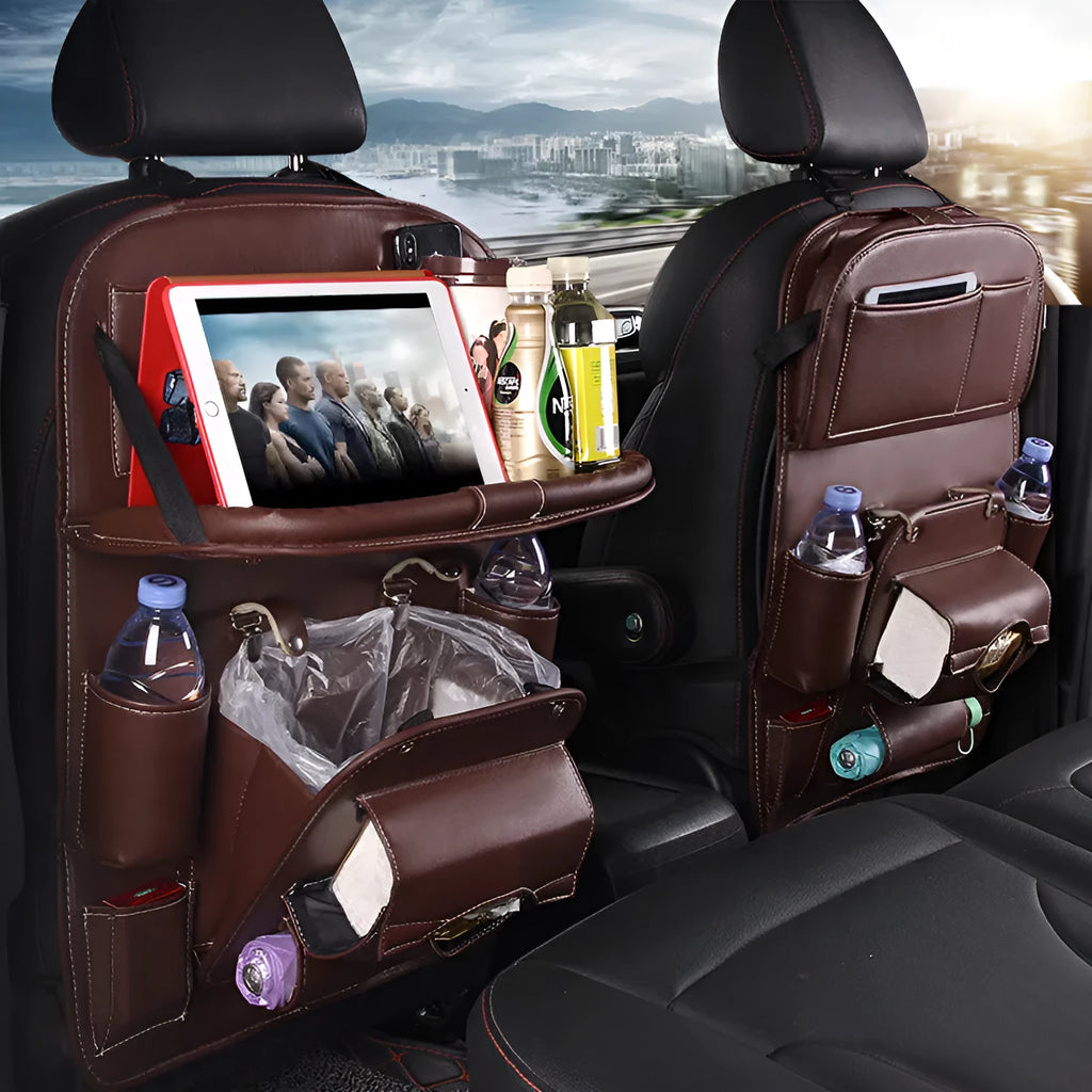 PU leather car seat back storage organiser with multiple pockets and built-in trash can in six colour options