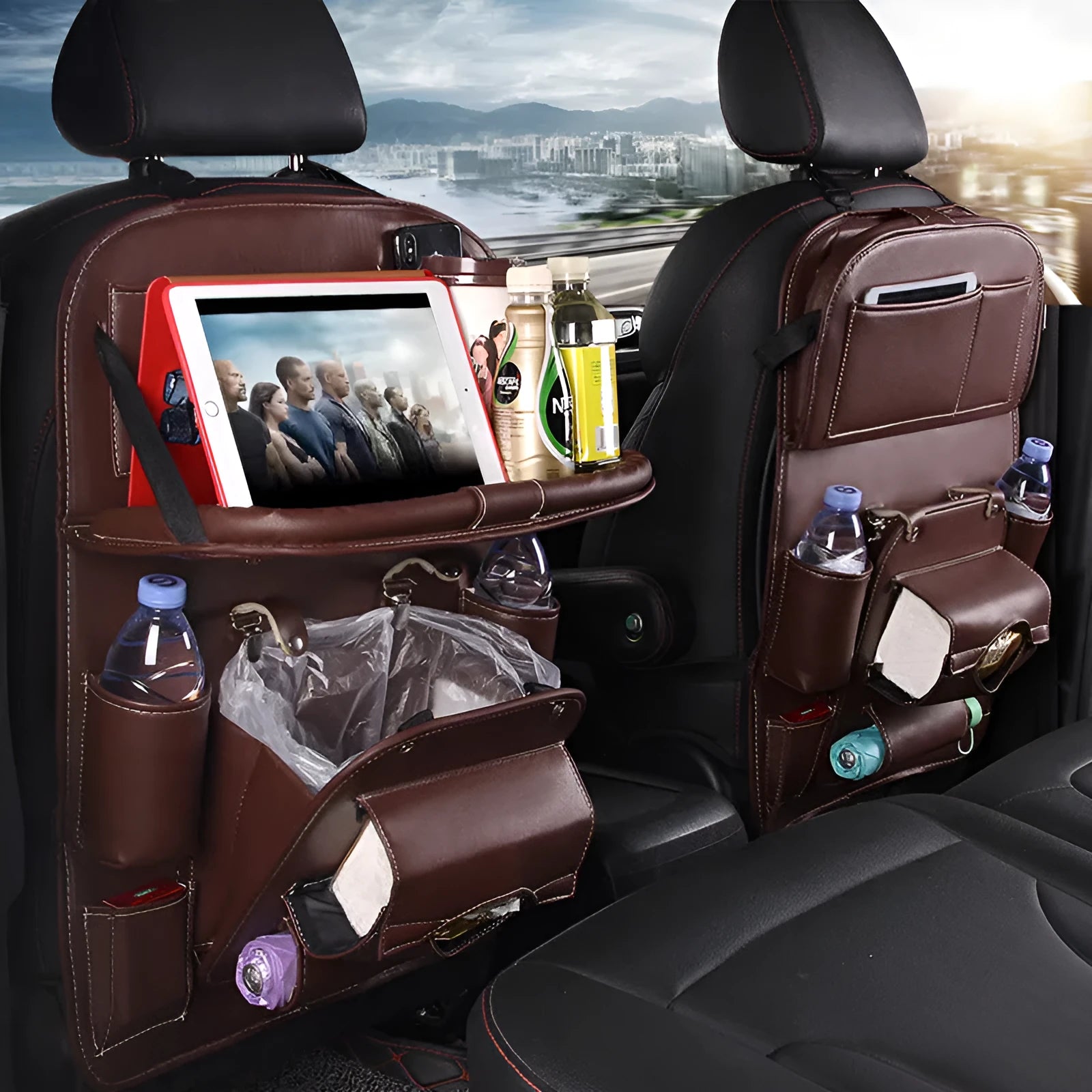 PU leather car seat back storage organiser with multiple pockets and built-in trash can in six colour options