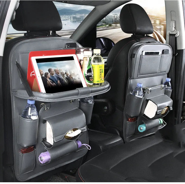 PU leather car seat back storage organiser with multiple pockets and built-in trash can in six colour options