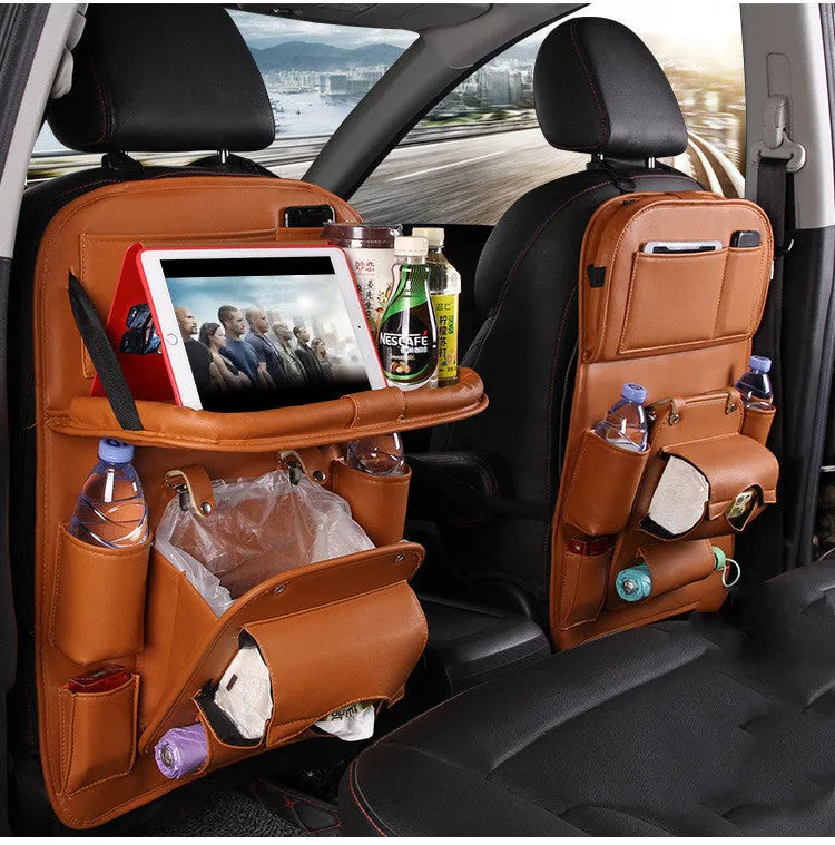 PU leather car seat back storage organiser with multiple pockets and built-in trash can in six colour options