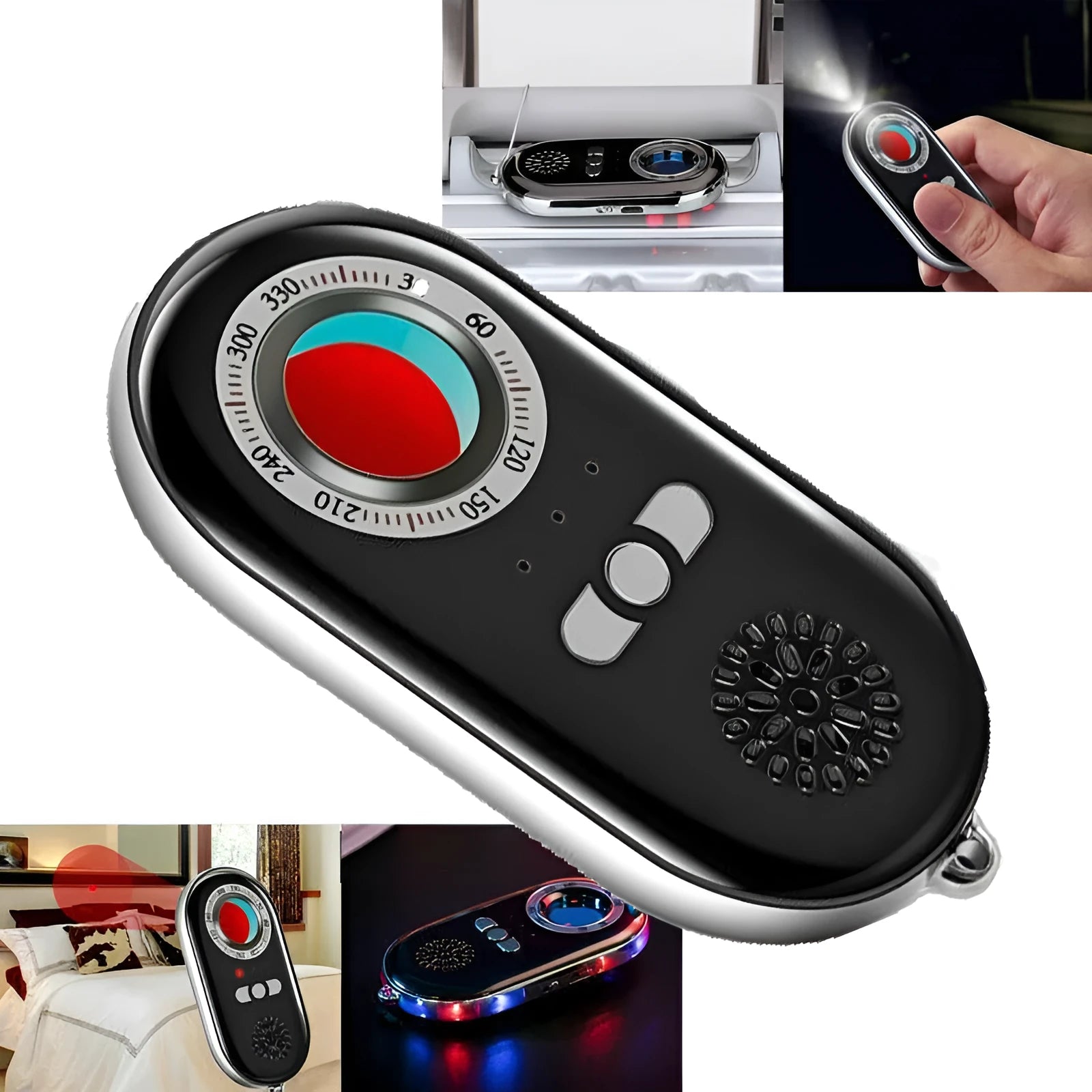 Compact black wireless signal detector with vibration alarm for hidden camera detection and anti-theft security