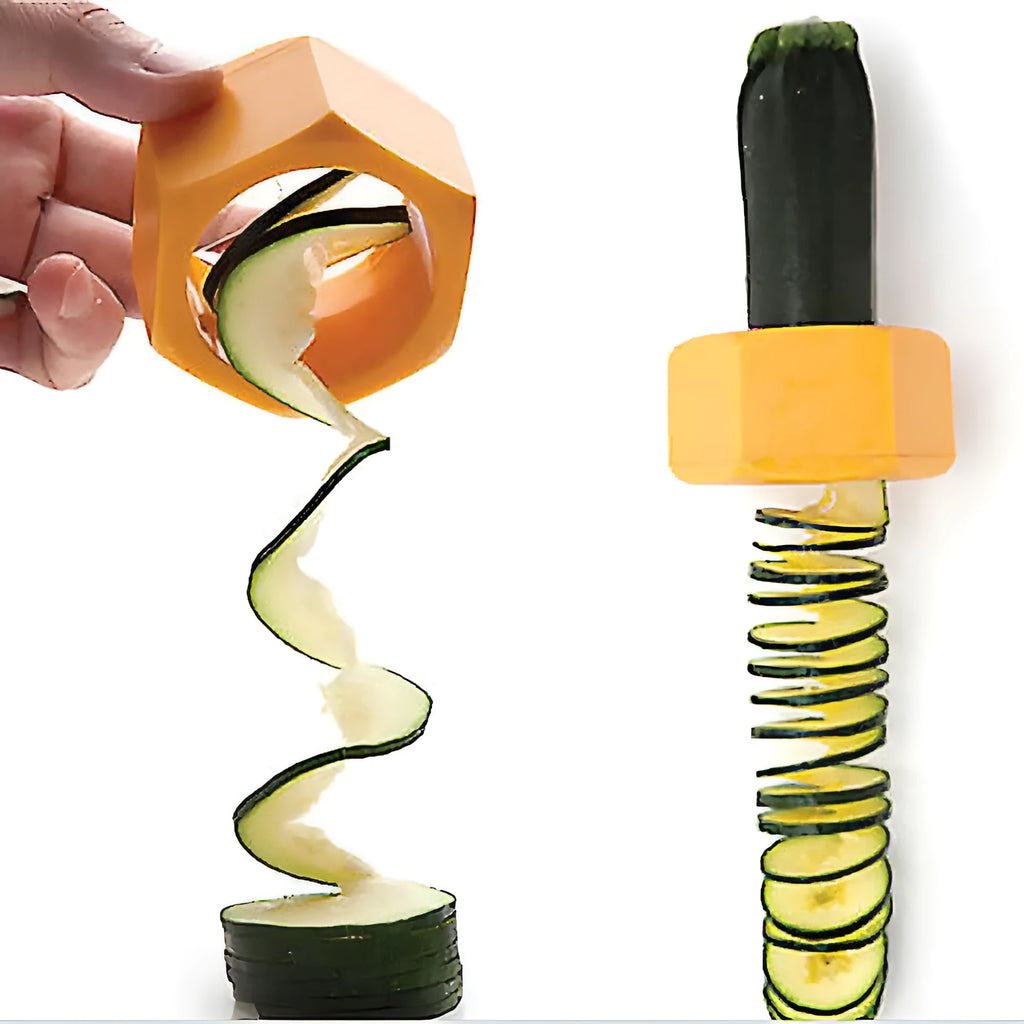 Yellow and green plastic spiral vegetable cutter for kitchen use.
