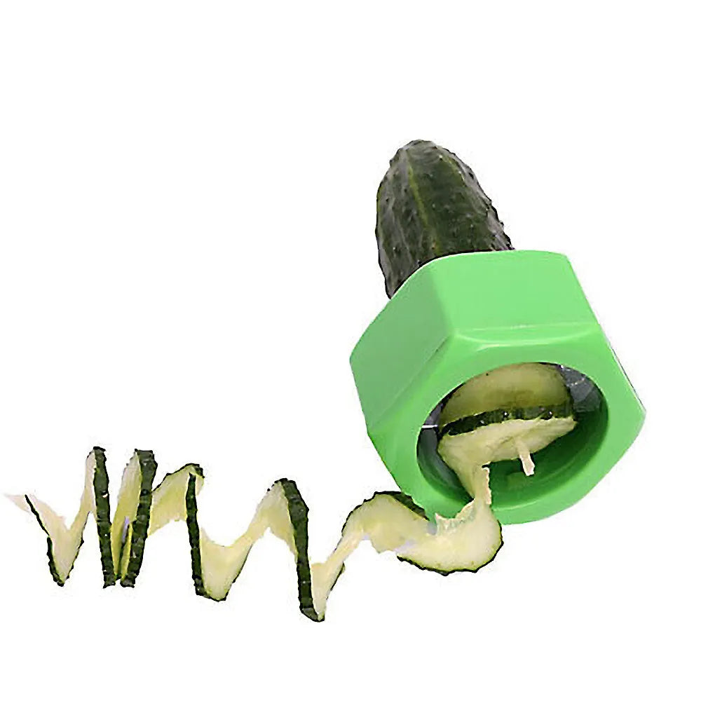 Yellow and green plastic spiral vegetable cutter for kitchen use.