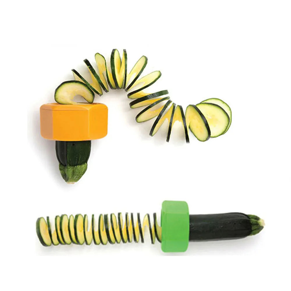 Yellow and green plastic spiral vegetable cutter for kitchen use.