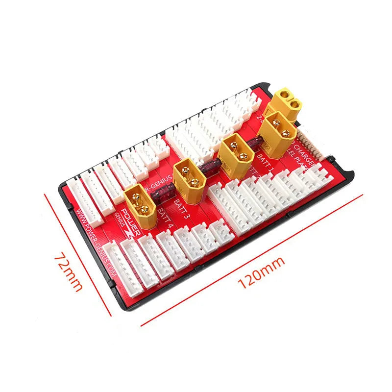 Red parallel charging board with multiple T-plug and balance ports for RC batteries