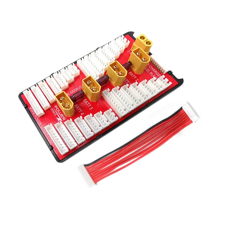 Red parallel charging board with multiple T-plug and balance ports for RC batteries