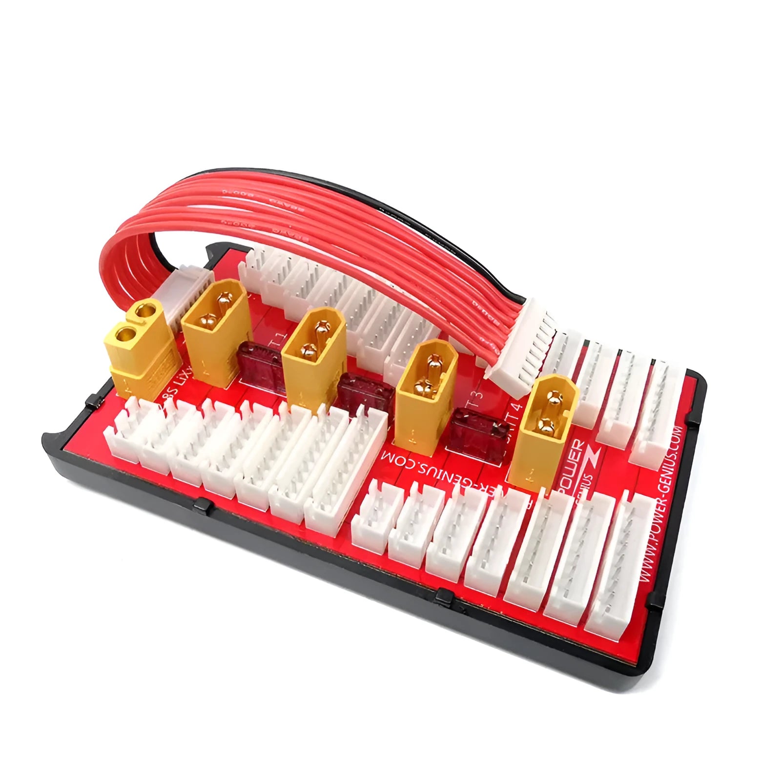 Red parallel charging board with multiple T-plug and balance ports for RC batteries