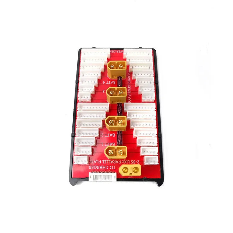 Red parallel charging board with multiple T-plug and balance ports for RC batteries