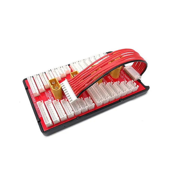 Red parallel charging board with multiple T-plug and balance ports for RC batteries
