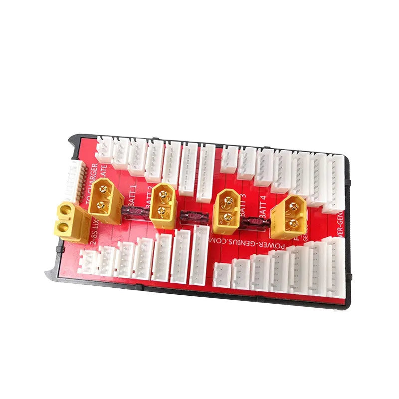 Red parallel charging board with multiple T-plug and balance ports for RC batteries