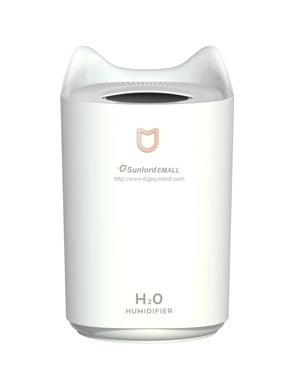 Coral pink USB humidifier with three fog outlets on white surface