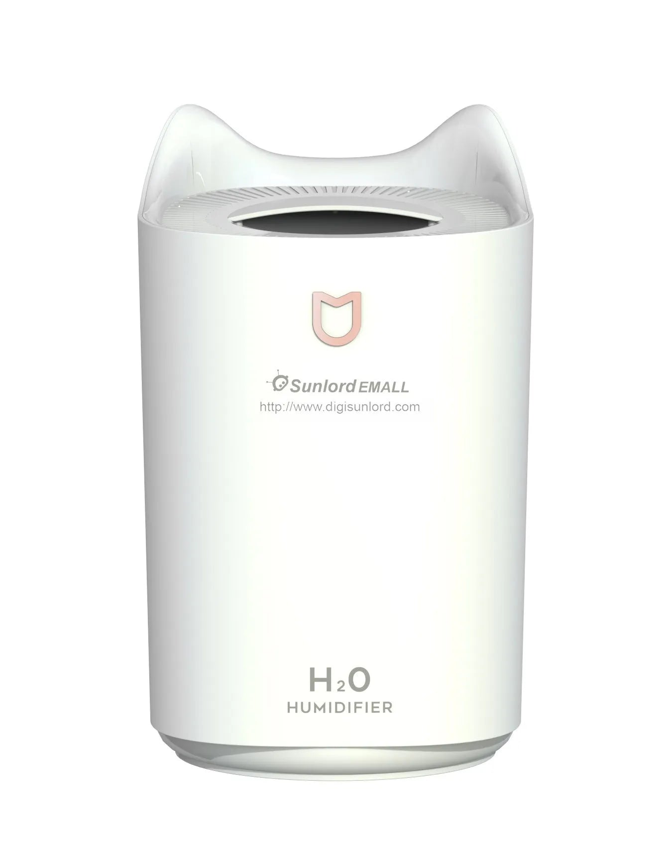 Coral pink USB humidifier with three fog outlets on white surface