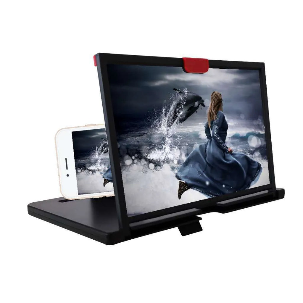 Black desktop mobile phone magnifier bracket with anti-blue light screen holding a smartphone.