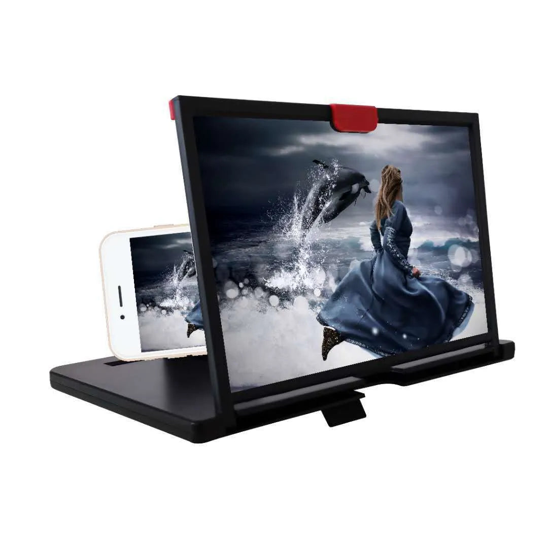 Black desktop mobile phone magnifier bracket with anti-blue light screen holding a smartphone.