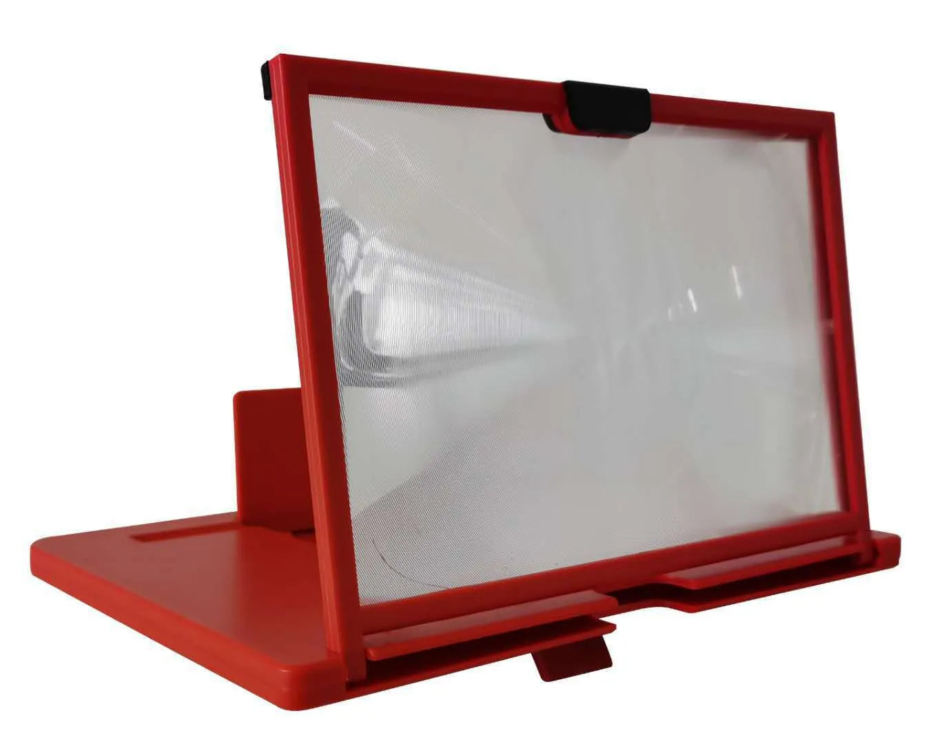 Black desktop mobile phone magnifier bracket with anti-blue light screen holding a smartphone.