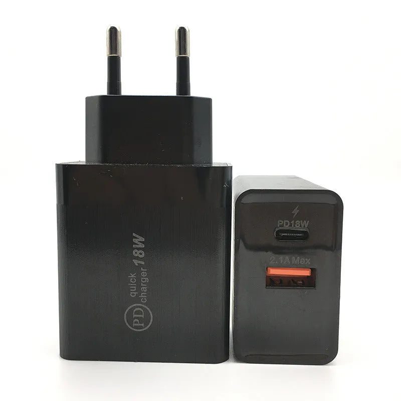 18W USB-C fast charger wall plug in black with US plug for smartphone charging