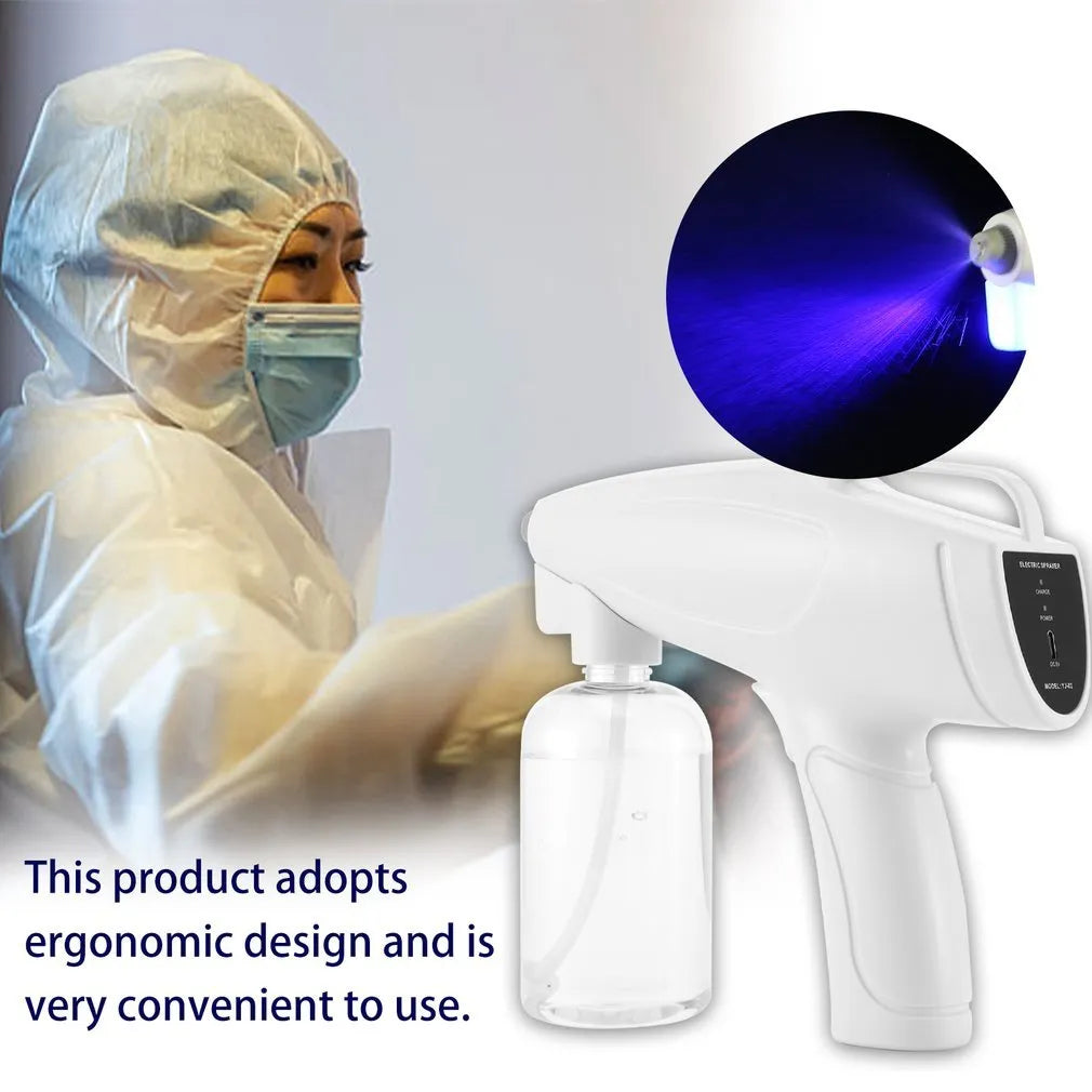 White handheld wireless electric spray disinfection gun with anti-blocking nozzle and USB-C charging port