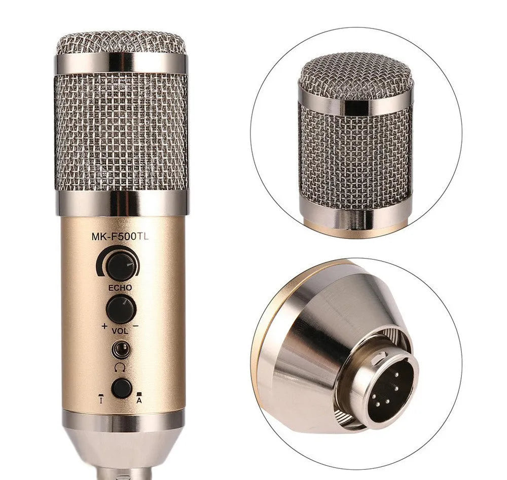 Gold USB-C condenser microphone on a black desk stand