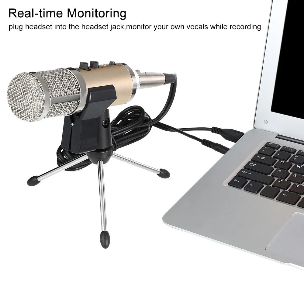 Gold USB-C condenser microphone on a black desk stand
