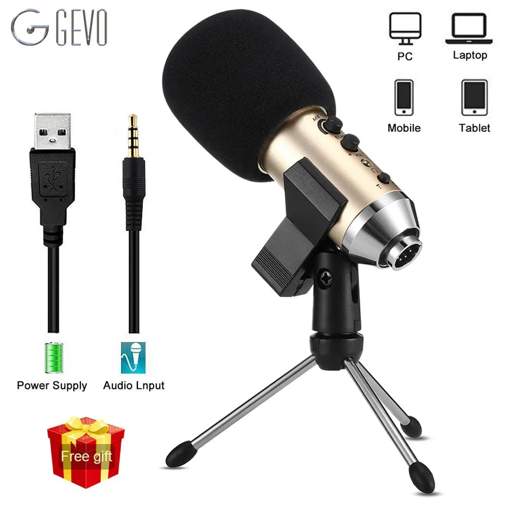 Gold USB-C condenser microphone on a black desk stand