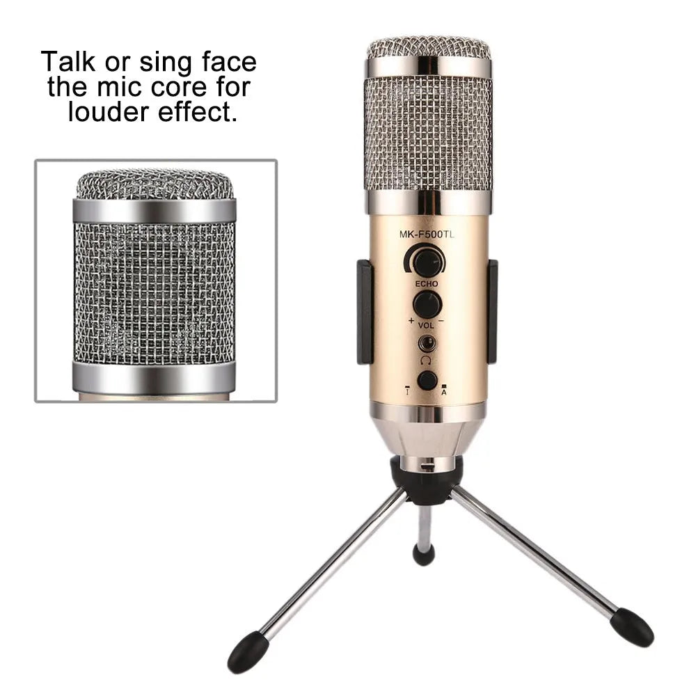 Gold USB-C condenser microphone on a black desk stand