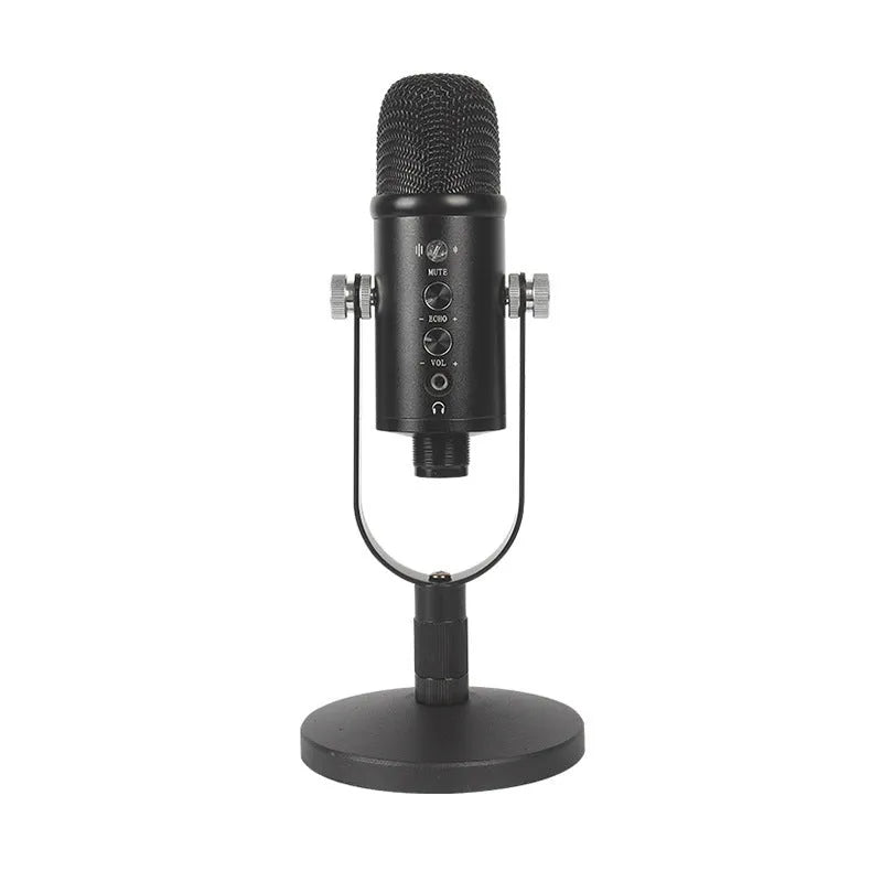 Black USB condenser microphone on a metal stand with a foam wind filter, for desktop streaming and recording.