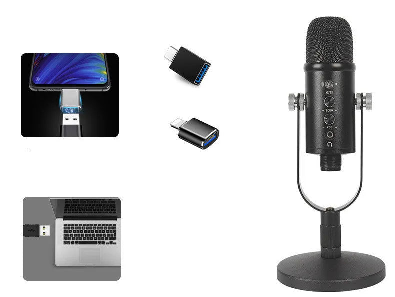 Black USB condenser microphone on a metal stand with a foam wind filter, for desktop streaming and recording.