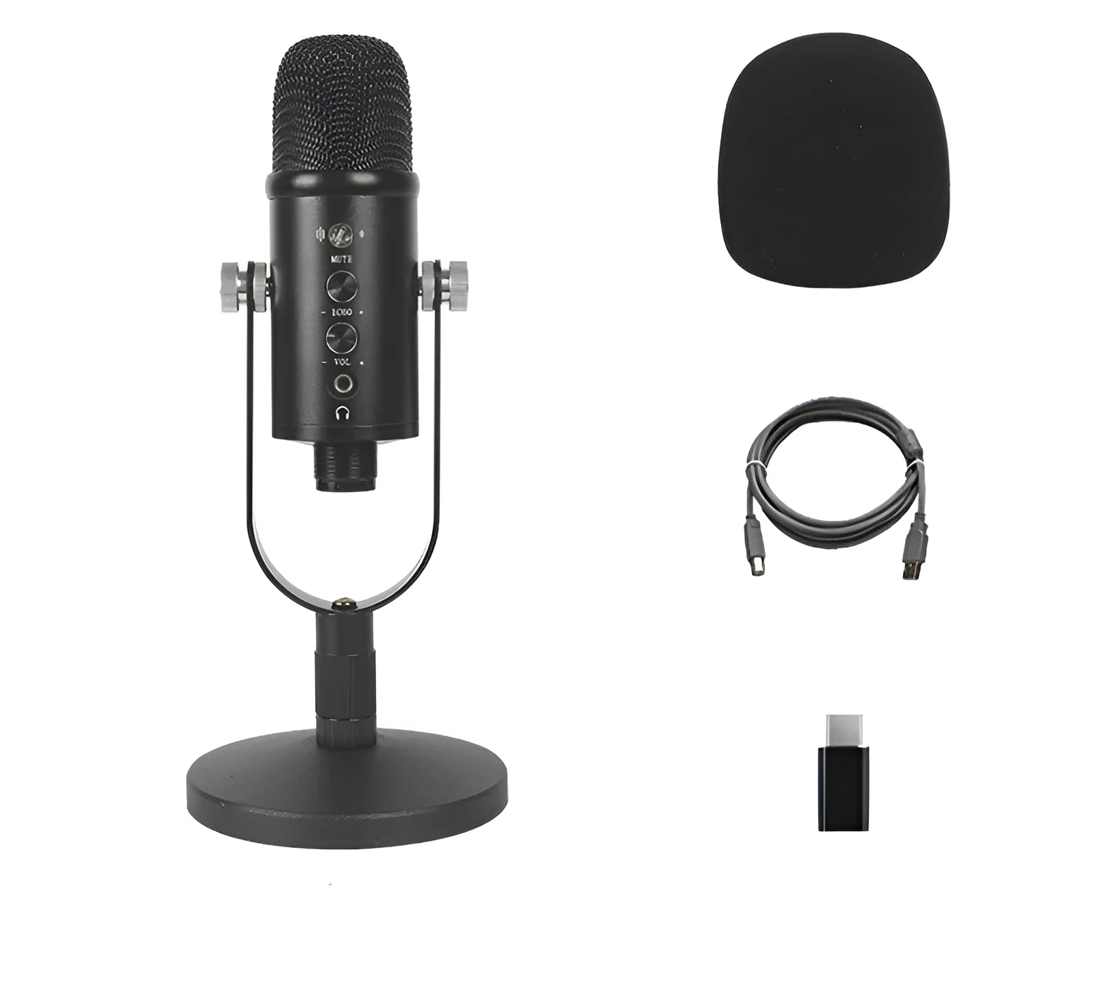 Black USB condenser microphone on a metal stand with a foam wind filter, for desktop streaming and recording.