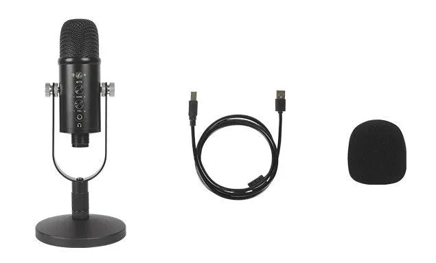 Black USB condenser microphone on a metal stand with a foam wind filter, for desktop streaming and recording.