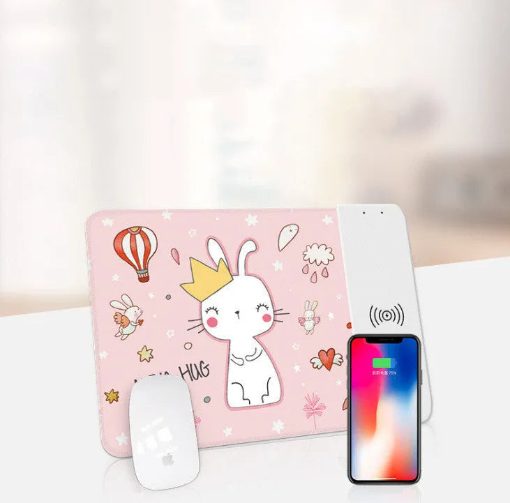 Cute cartoon wireless charging mouse pad with RGB lights on a desk