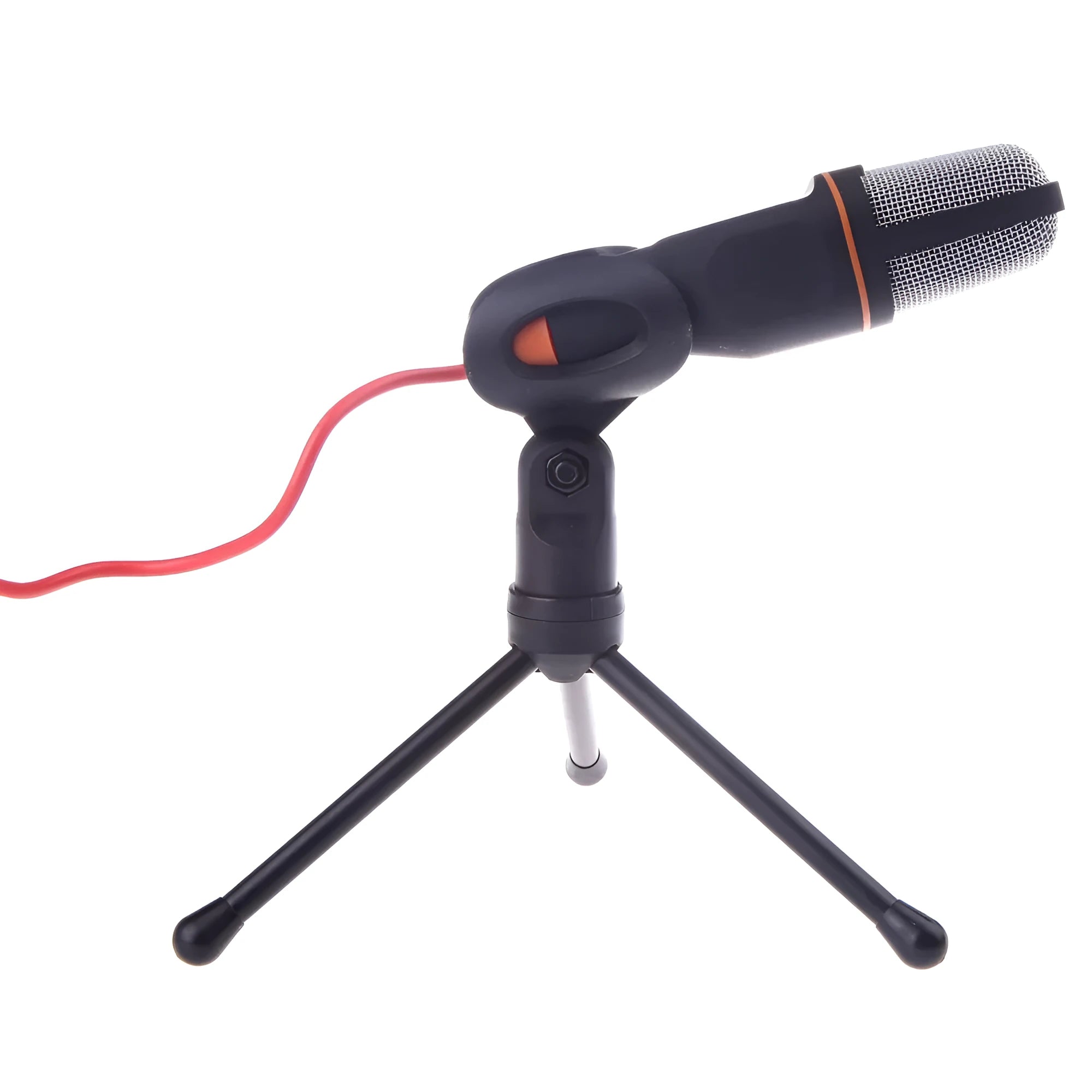 Black wired PC microphone with a metal clip-on holder and a long cable for desktop use.