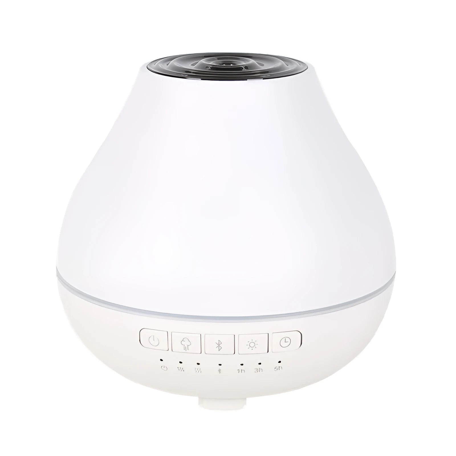 Round white Bluetooth humidifier and essential oil diffuser with night light on a wooden surface.