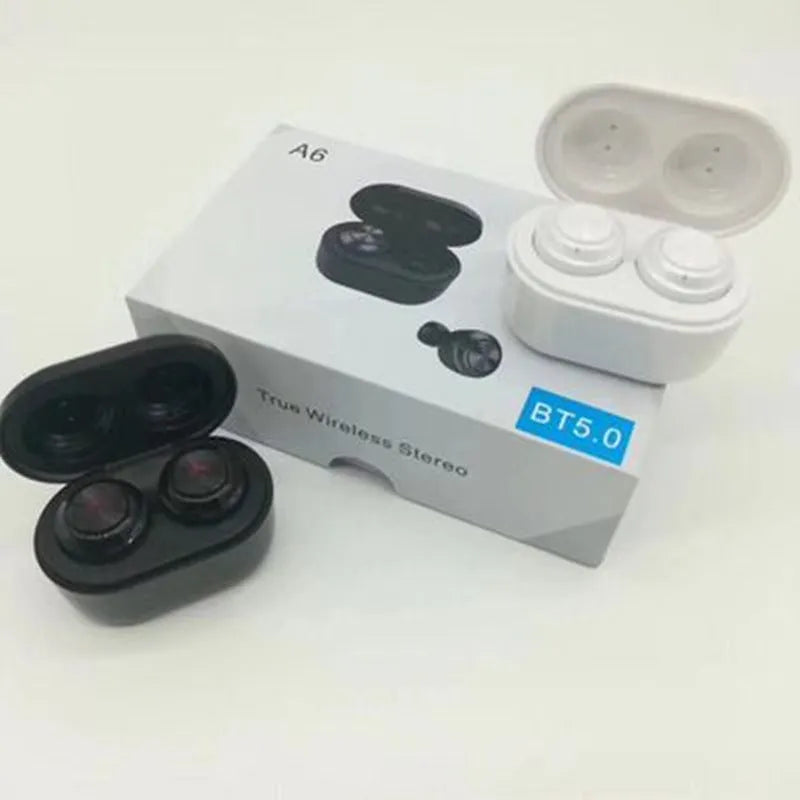 Black and white A6 noise cancelling Bluetooth headset with TWS bilateral stereo earphones