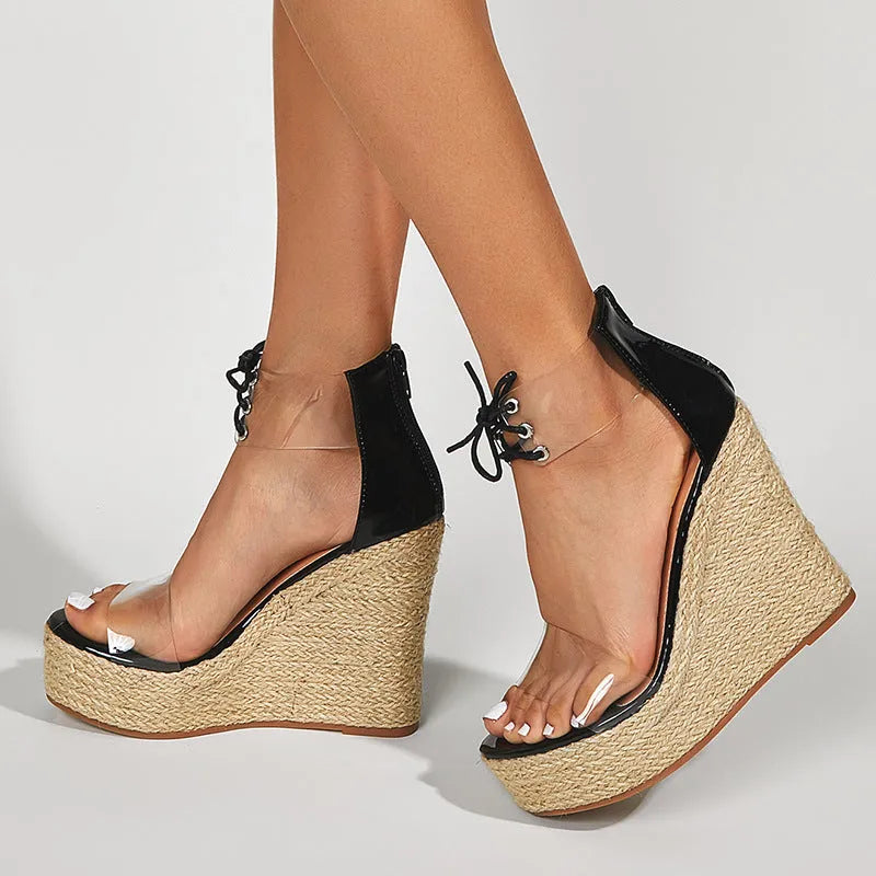 Black women's hemp rope wedge sandals with front tie closure and high platform heel