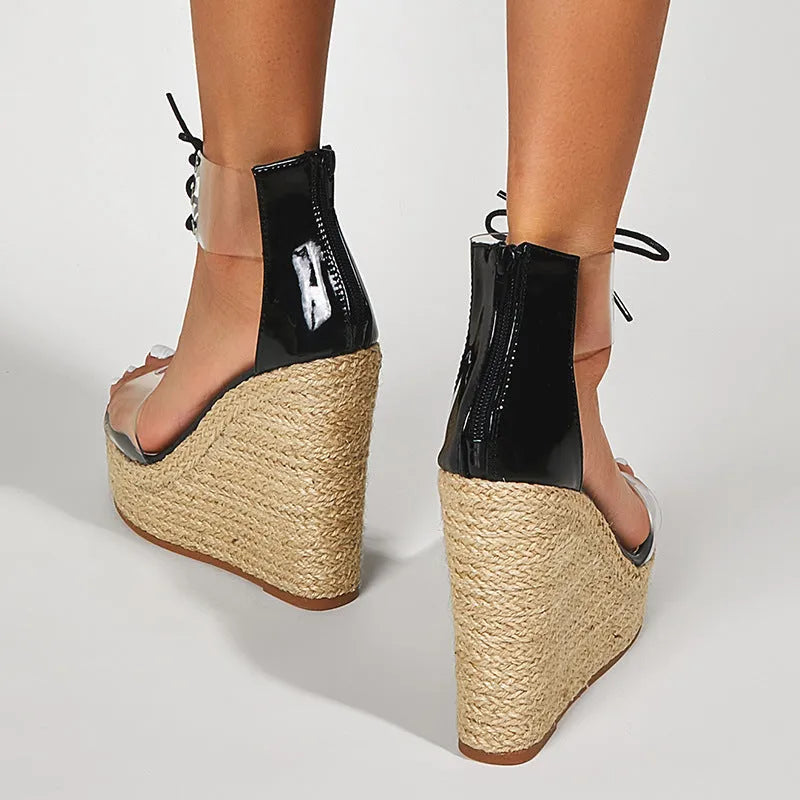 Black women's hemp rope wedge sandals with front tie closure and high platform heel