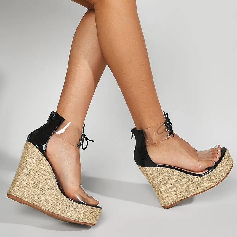 Black women's hemp rope wedge sandals with front tie closure and high platform heel