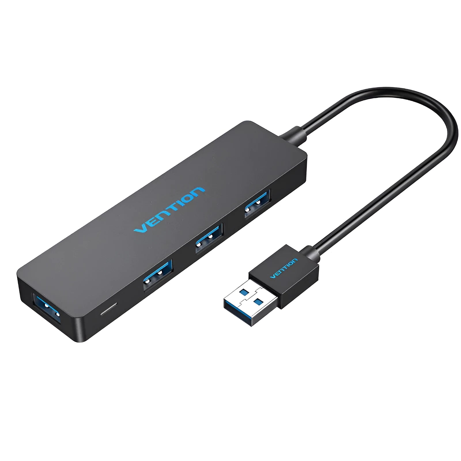 Black USB 3.0 four-port hub with short cable and nickel-plated connectors